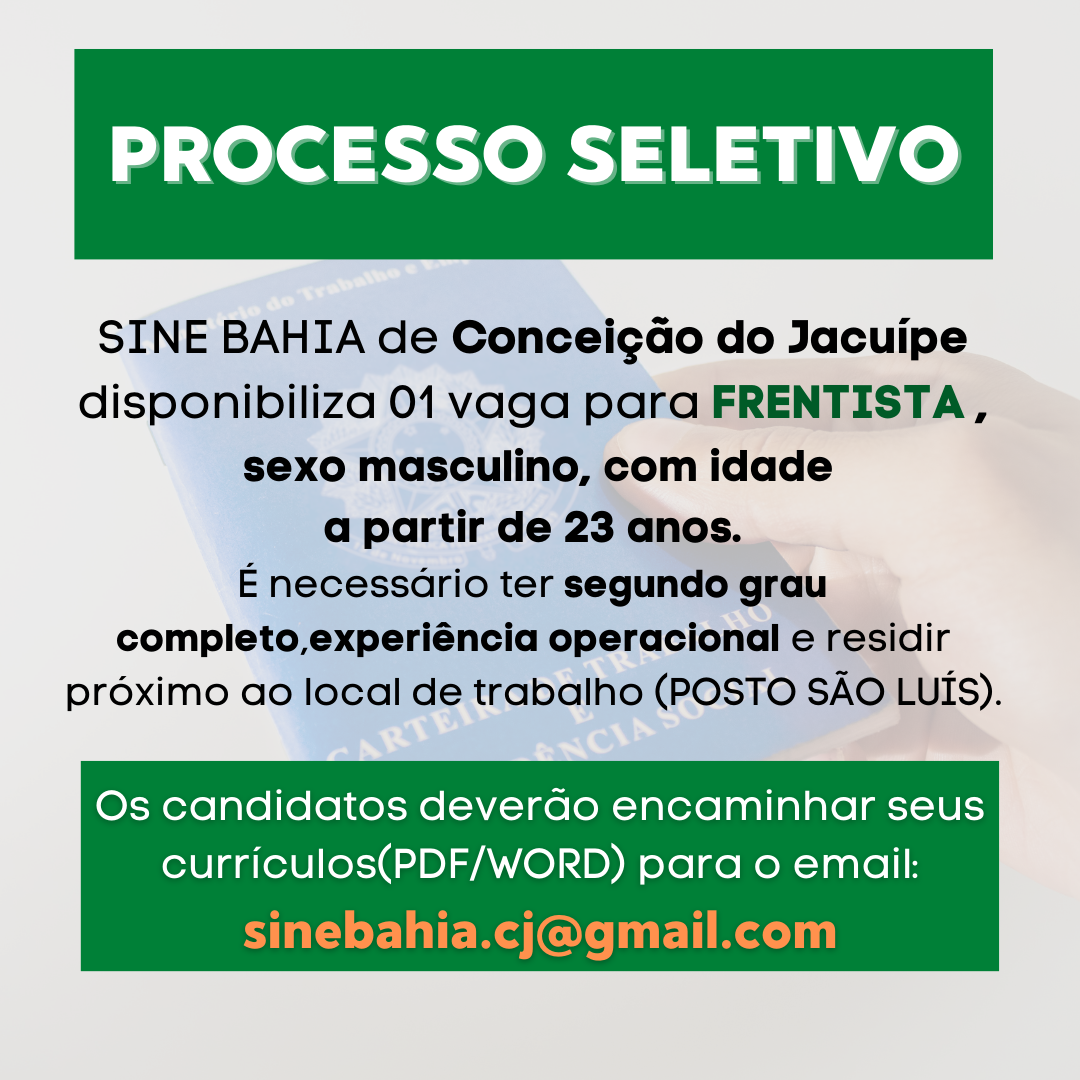 Sine Bahia de Conceição do Jacuípe abre vaga de emprego para frentista