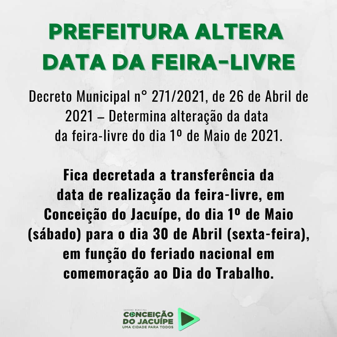 Prefeitura transfere feira-livre para sexta-feira em virtude do feriado do Dia do Trabalho  