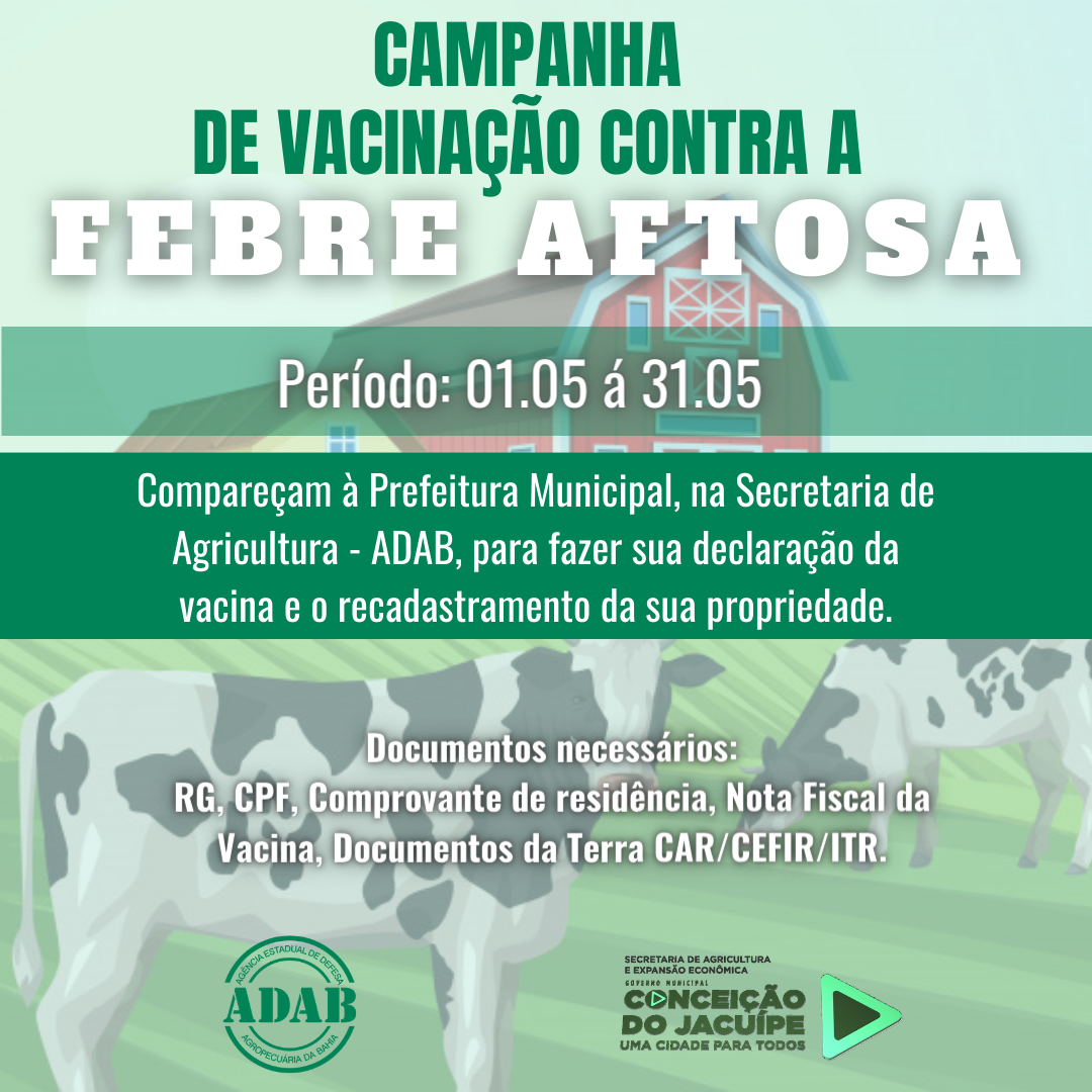 Campanha de vacinação contra febre aftosa começa no dia 1° de maio